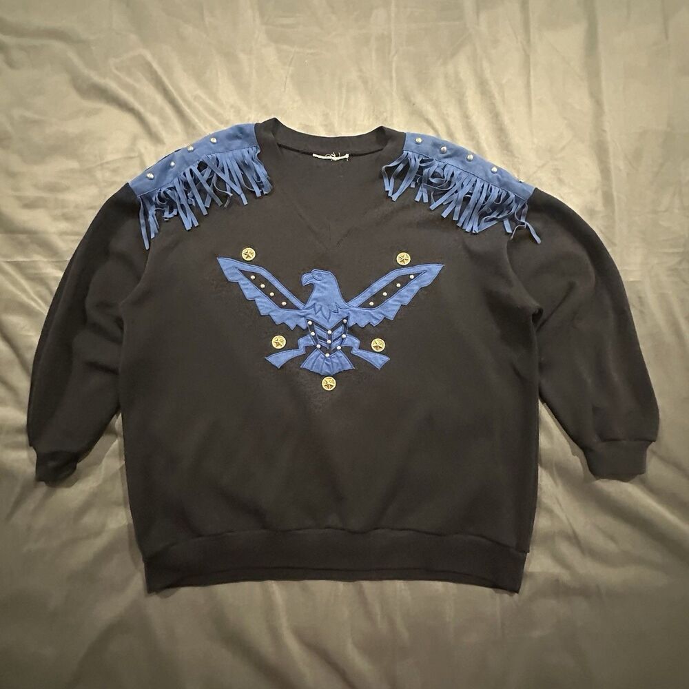 Vintage 70s Rafael Sweatshirt Womens XL Western Fringe Eagle Embroidery Black